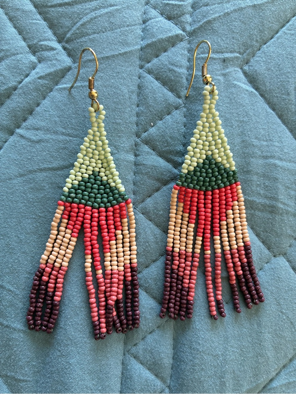 Multicolor Beaded Fringe Earrings - Green, Red, Peach, Burgundy